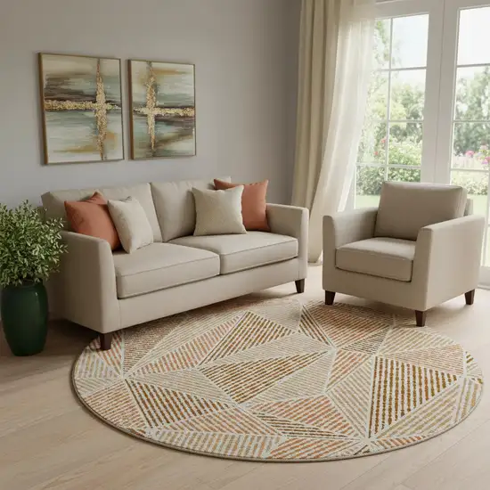 8' Terra Cotta And Beige Geometric Washable Round Rug With UV Protection Photo 1