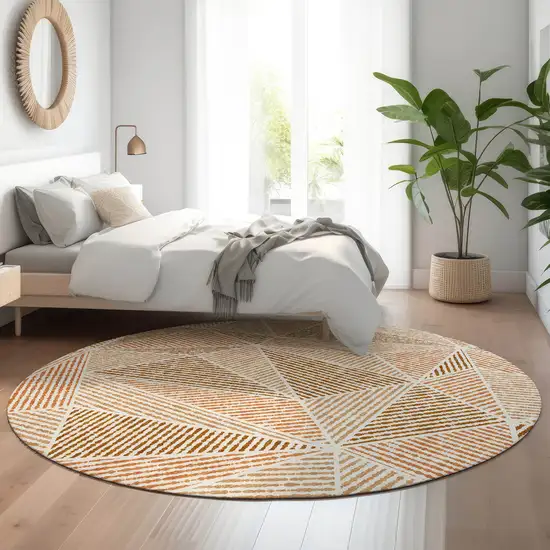 8' Terra Cotta And Beige Geometric Washable Round Rug With UV Protection Photo 5