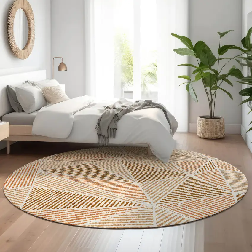 8' Terra Cotta And Beige Geometric Washable Round Rug With UV Protection Photo 5