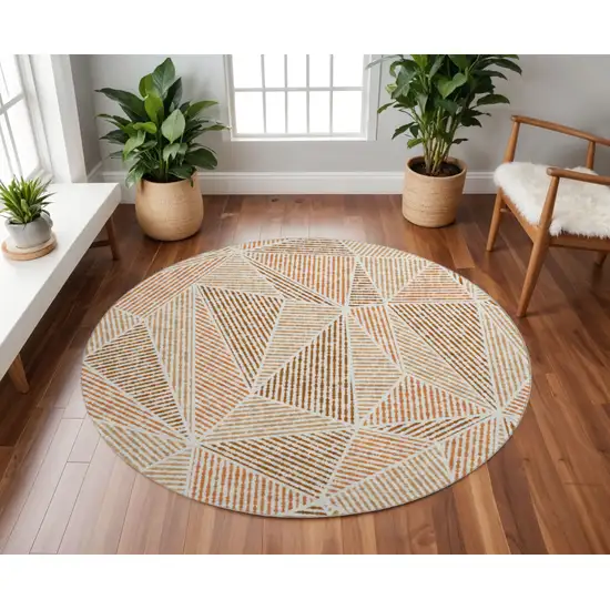 8' Terra Cotta And Beige Geometric Washable Round Rug With UV Protection Photo 2