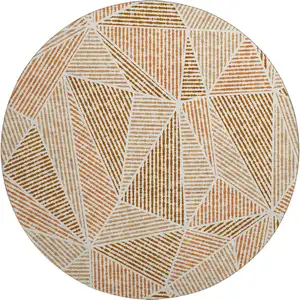 Photo of 8' Terra Cotta And Beige Geometric Washable Round Rug With UV Protection