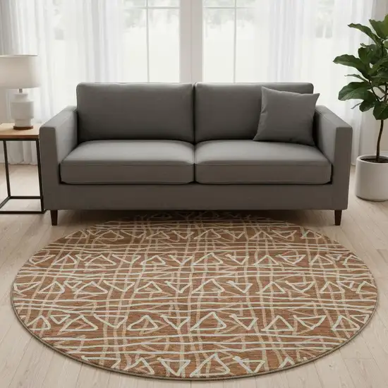 8' Terra Cotta And Beige Geometric Washable Round Rug With UV Protection Photo 2