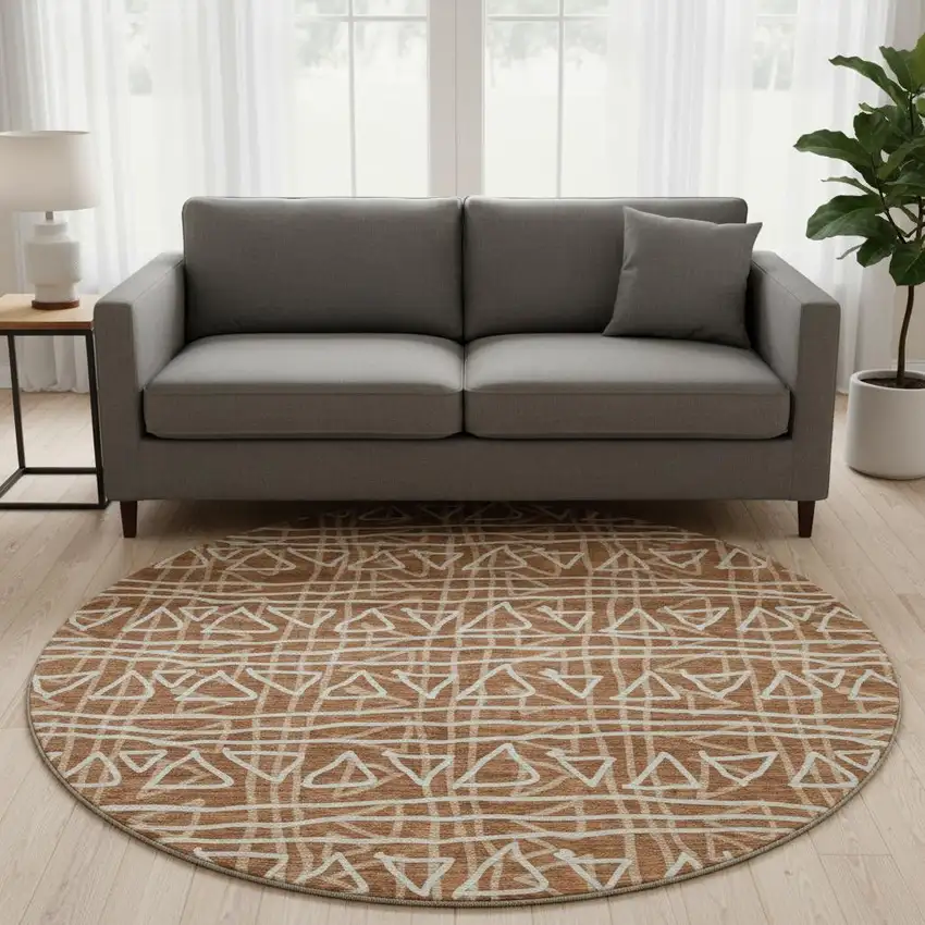 8' Terra Cotta And Beige Geometric Washable Round Rug With UV Protection Photo 2