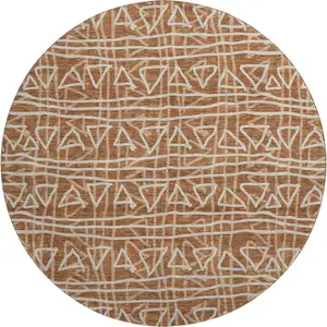 Photo of 8' Terra Cotta And Beige Geometric Washable Round Rug With UV Protection