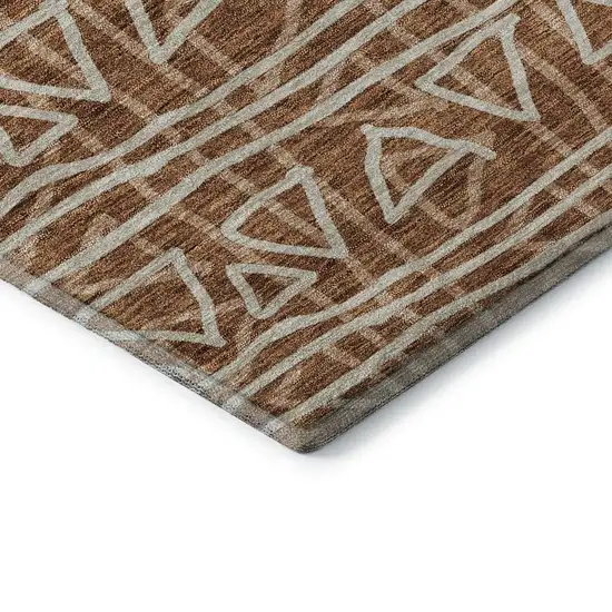 8' Terra Cotta And Beige Geometric Washable Round Rug With UV Protection Photo 7