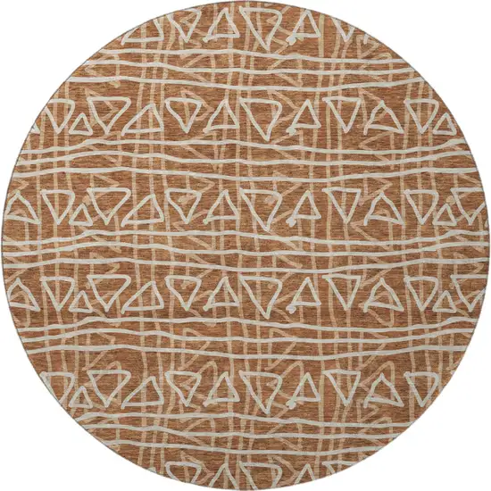 8' Terra Cotta And Beige Geometric Washable Round Rug With UV Protection Photo 4