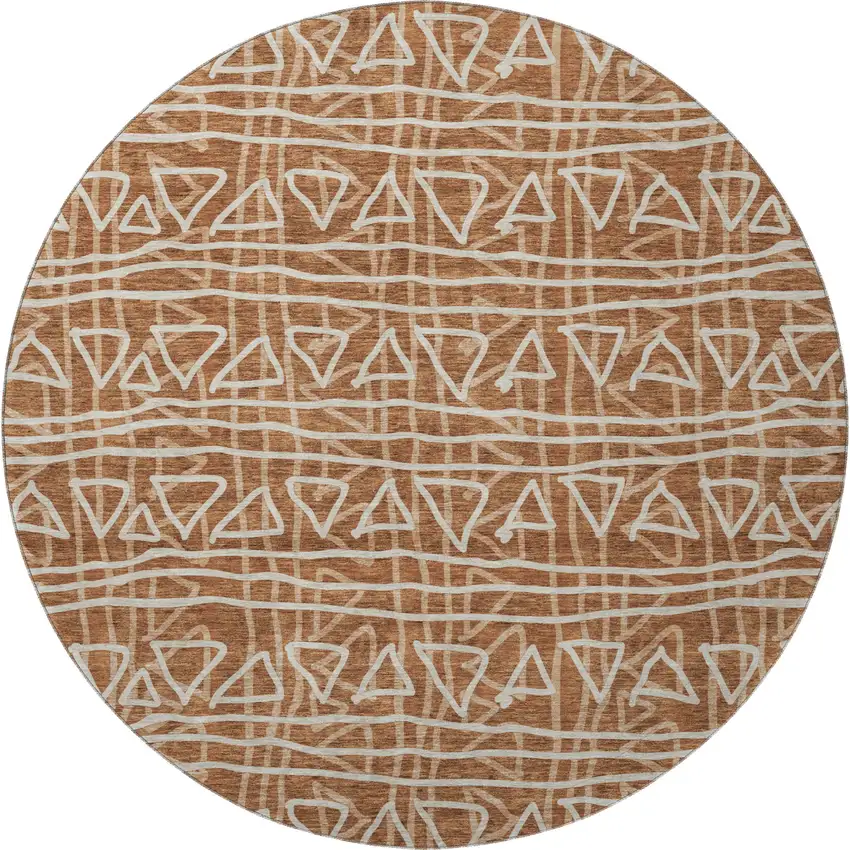 8' Terra Cotta And Beige Geometric Washable Round Rug With UV Protection Photo 4