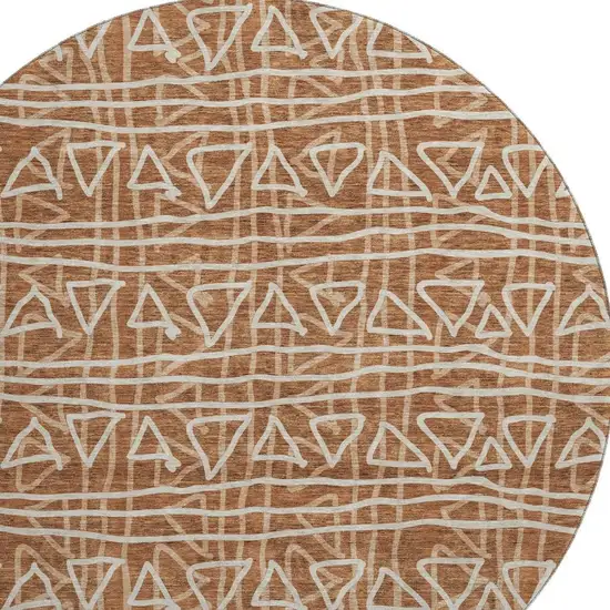 8' Terra Cotta And Beige Geometric Washable Round Rug With UV Protection Photo 3