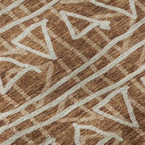 8' Terra Cotta And Beige Geometric Washable Round Rug With UV Protection Photo 9