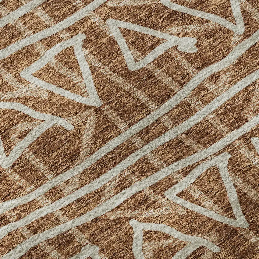 8' Terra Cotta And Beige Geometric Washable Round Rug With UV Protection Photo 9