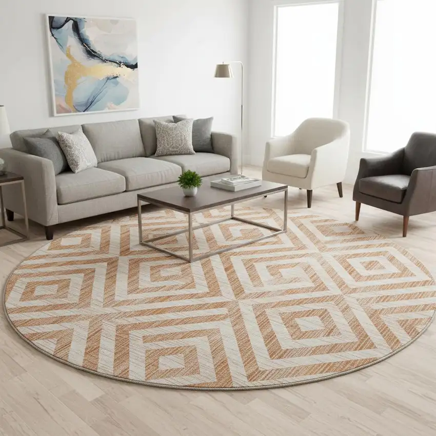 8' Terra Cotta And Beige Geometric Washable Round Rug With UV Protection Photo 2