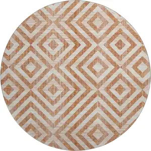 Photo of 8' Terra Cotta And Beige Geometric Washable Round Rug With UV Protection
