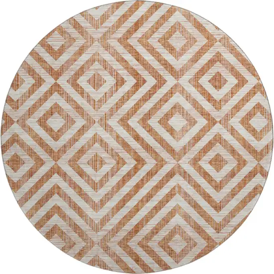 8' Terra Cotta And Beige Geometric Washable Round Rug With UV Protection Photo 1
