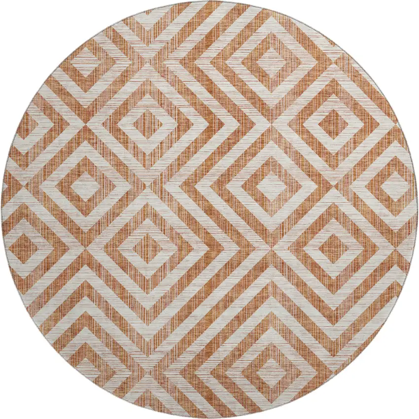 8' Terra Cotta And Beige Geometric Washable Round Rug With UV Protection Photo 1