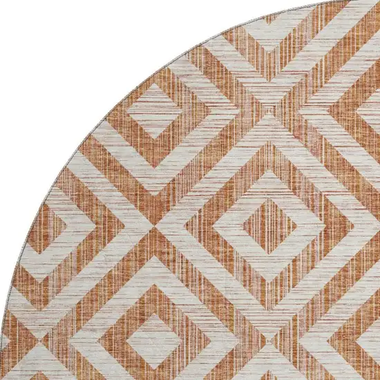 8' Terra Cotta And Beige Geometric Washable Round Rug With UV Protection Photo 4
