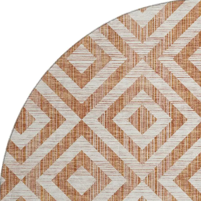 8' Terra Cotta And Beige Geometric Washable Round Rug With UV Protection Photo 4