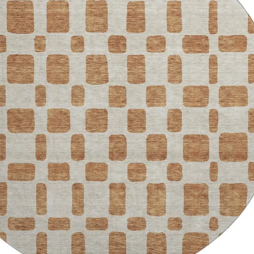 8' Terra Cotta And Beige Geometric Washable Round Rug With UV Protection Photo 3