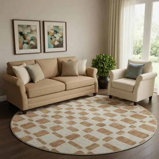 8' Terra Cotta And Beige Geometric Washable Round Rug With UV Protection Photo 1