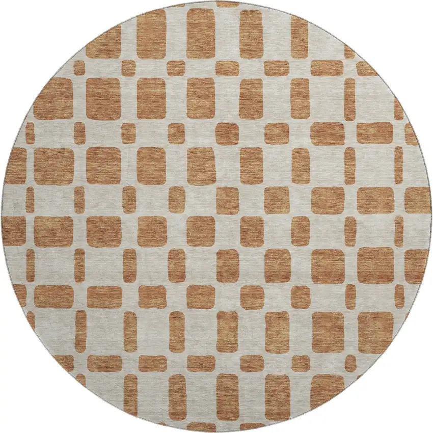 8' Terra Cotta And Beige Geometric Washable Round Rug With UV Protection Photo 1