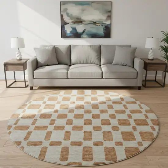 8' Terra Cotta And Beige Geometric Washable Round Rug With UV Protection Photo 2