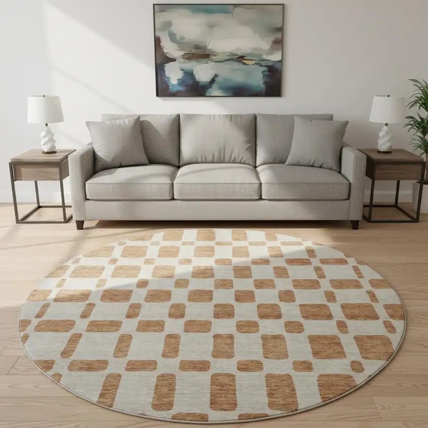 8' Terra Cotta And Beige Geometric Washable Round Rug With UV Protection Photo 2