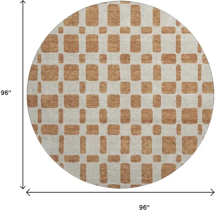 8' Terra Cotta And Beige Geometric Washable Round Rug With UV Protection Photo 8