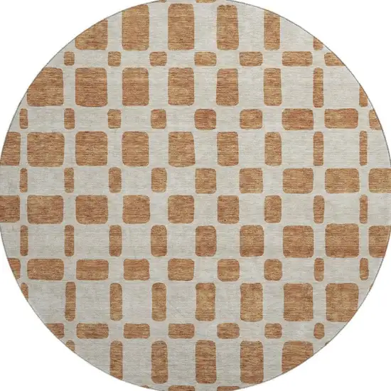 8' Terra Cotta And Beige Geometric Washable Round Rug With UV Protection Photo 4