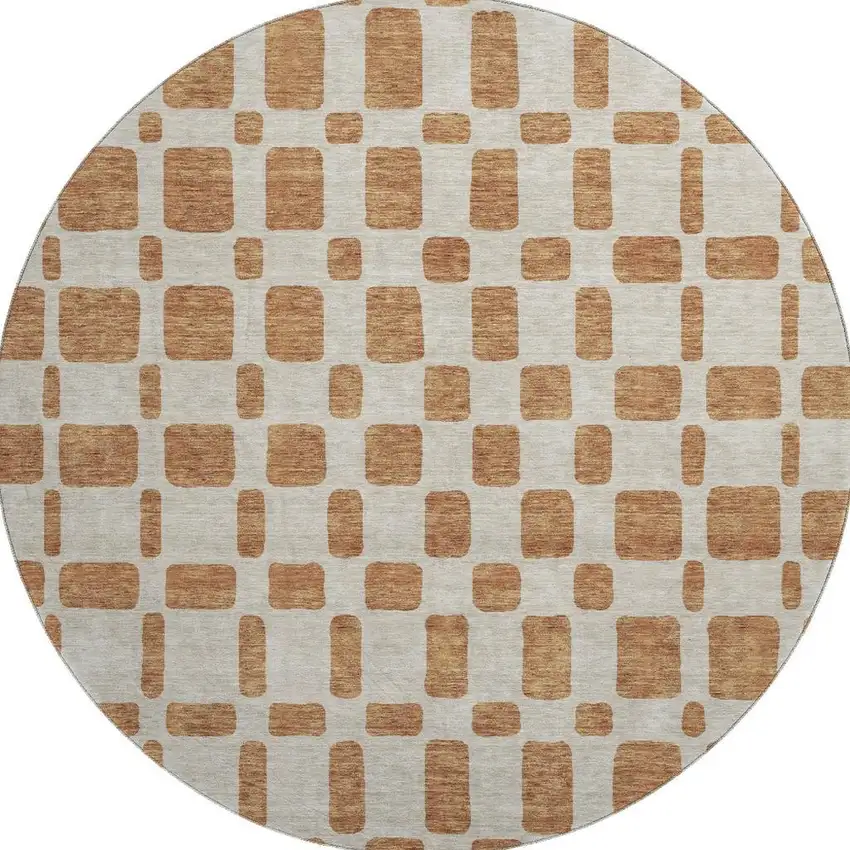 8' Terra Cotta And Beige Geometric Washable Round Rug With UV Protection Photo 4