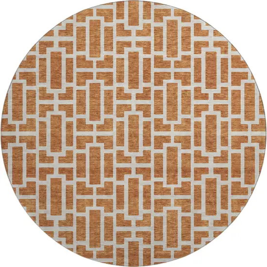 8' Terra Cotta And Beige Geometric Washable Round Rug With UV Protection Photo 1