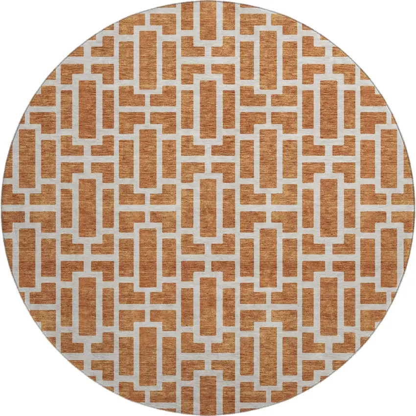 8' Terra Cotta And Beige Geometric Washable Round Rug With UV Protection Photo 1