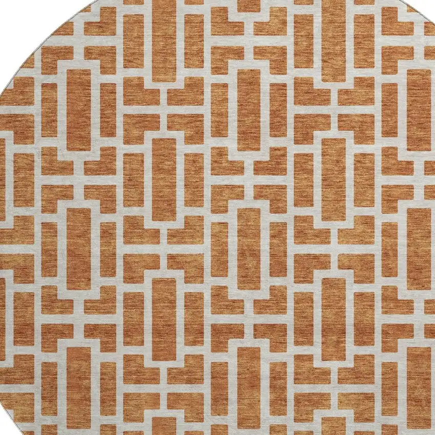 8' Terra Cotta And Beige Geometric Washable Round Rug With UV Protection Photo 3