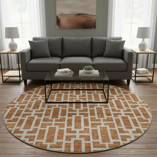 8' Terra Cotta And Beige Geometric Washable Round Rug With UV Protection Photo 2
