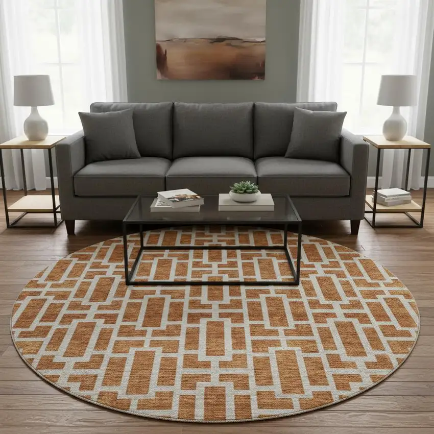 8' Terra Cotta And Beige Geometric Washable Round Rug With UV Protection Photo 2