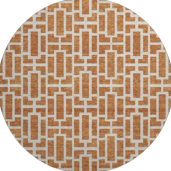 8' Terra Cotta And Beige Geometric Washable Round Rug With UV Protection Photo 4