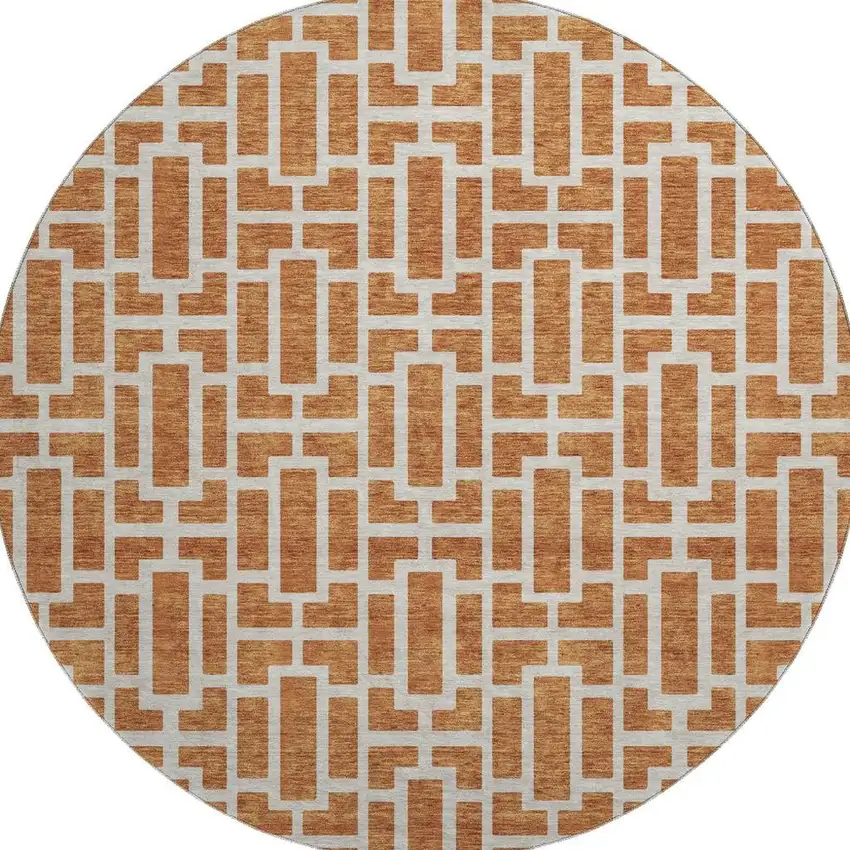 8' Terra Cotta And Beige Geometric Washable Round Rug With UV Protection Photo 4