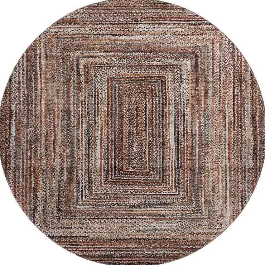 8' Terra Cotta And Beige Geometric Washable Round Rug With UV Protection Photo 2