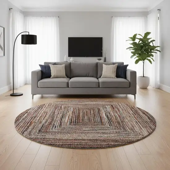 8' Terra Cotta And Beige Geometric Washable Round Rug With UV Protection Photo 2