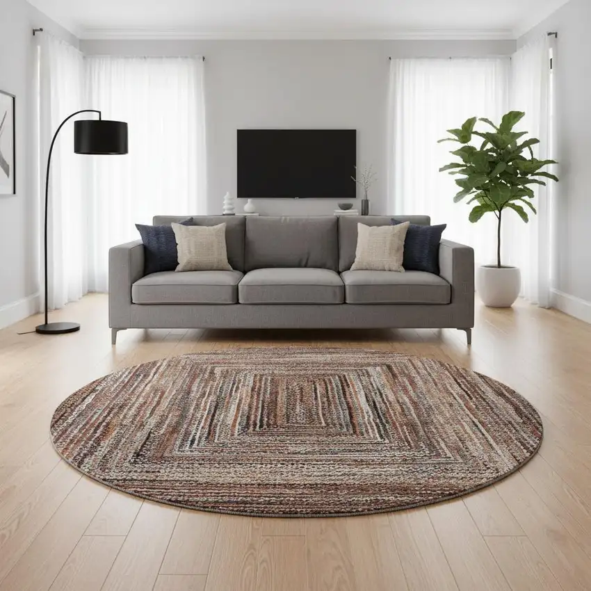 8' Terra Cotta And Beige Geometric Washable Round Rug With UV Protection Photo 2