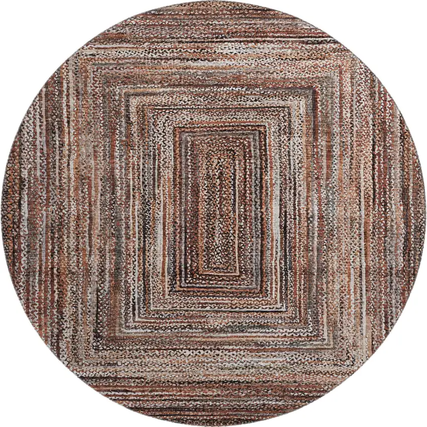 8' Terra Cotta And Beige Geometric Washable Round Rug With UV Protection Photo 1