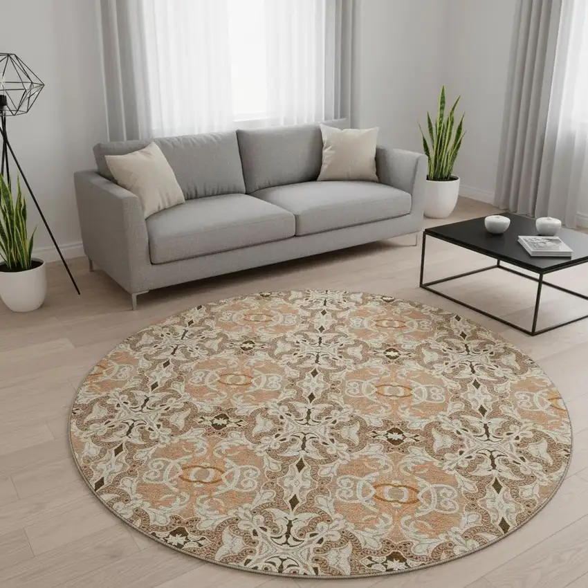 8' Terra Cotta And Beige Medallion Washable Round Rug With UV Protection Photo 2