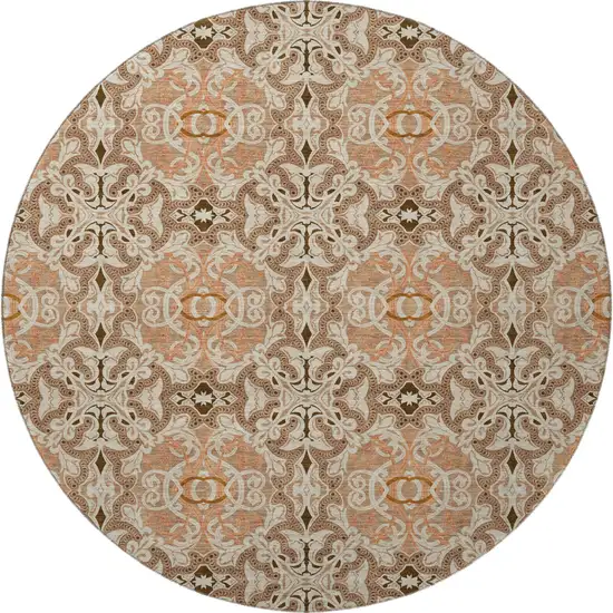 8' Terra Cotta And Beige Medallion Washable Round Rug With UV Protection Photo 4