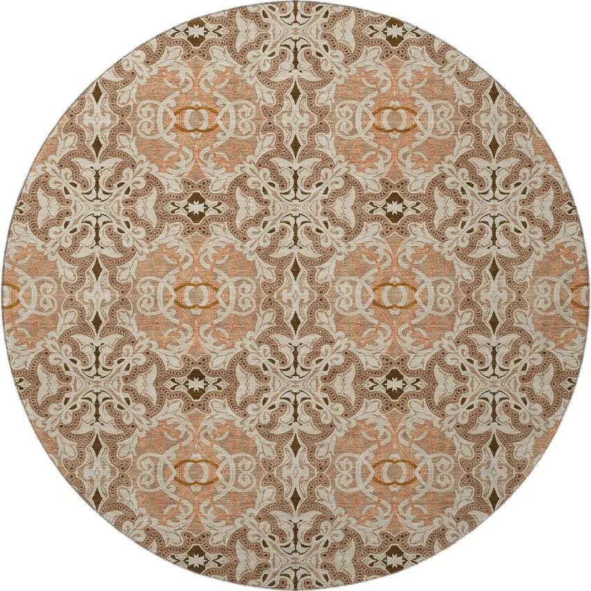 8' Terra Cotta And Beige Medallion Washable Round Rug With UV Protection Photo 4