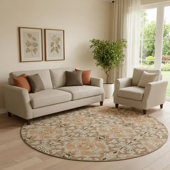 8' Terra Cotta And Beige Medallion Washable Round Rug With UV Protection Photo 1