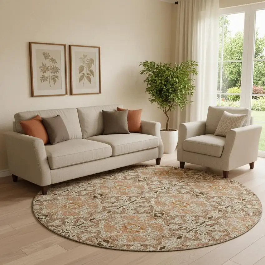 8' Terra Cotta And Beige Medallion Washable Round Rug With UV Protection Photo 1