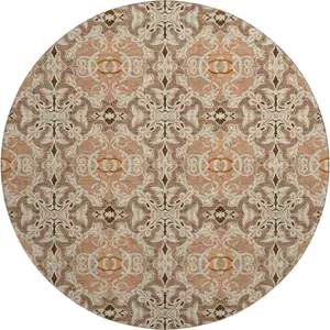 Photo of 8' Terra Cotta And Beige Medallion Washable Round Rug With UV Protection