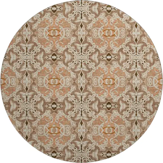 8' Terra Cotta And Beige Medallion Washable Round Rug With UV Protection Photo 1