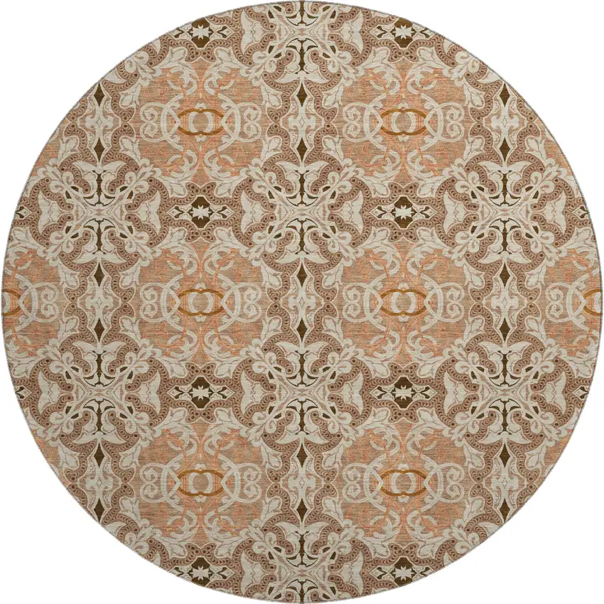 8' Terra Cotta And Beige Medallion Washable Round Rug With UV Protection Photo 1