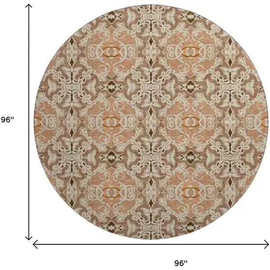8' Terra Cotta And Beige Medallion Washable Round Rug With UV Protection Photo 3