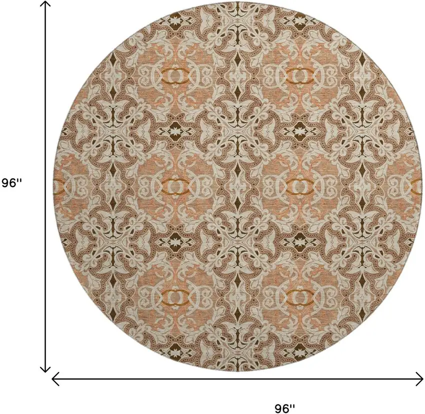 8' Terra Cotta And Beige Medallion Washable Round Rug With UV Protection Photo 3