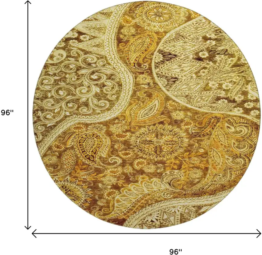 8' Terra Cotta And Beige Paisley Washable Round Rug With UV Protection Photo 9